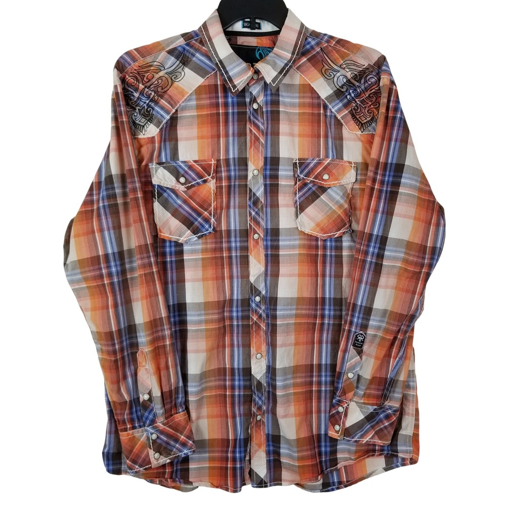 Roar Signature‎ Mens XXL Orange Blue Plaid Embroidered Western Pearl Snap Shirt